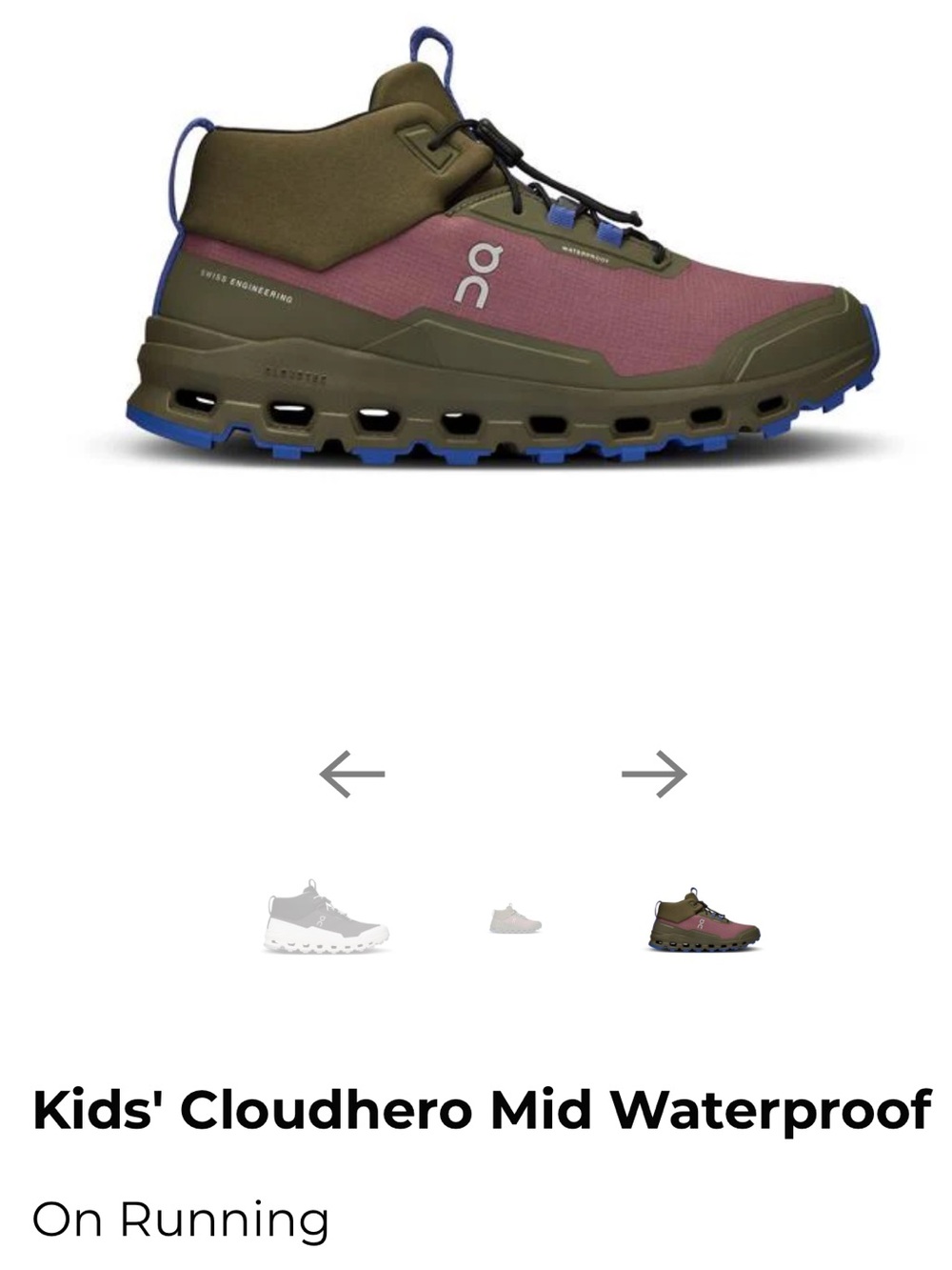 On Running Kids Mid-Top Waterproof Sneaker - Olive & Plum with Blue Accents